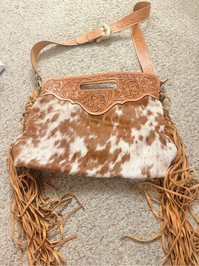 Tan and White Cowhide Fringe Crossbody Bag